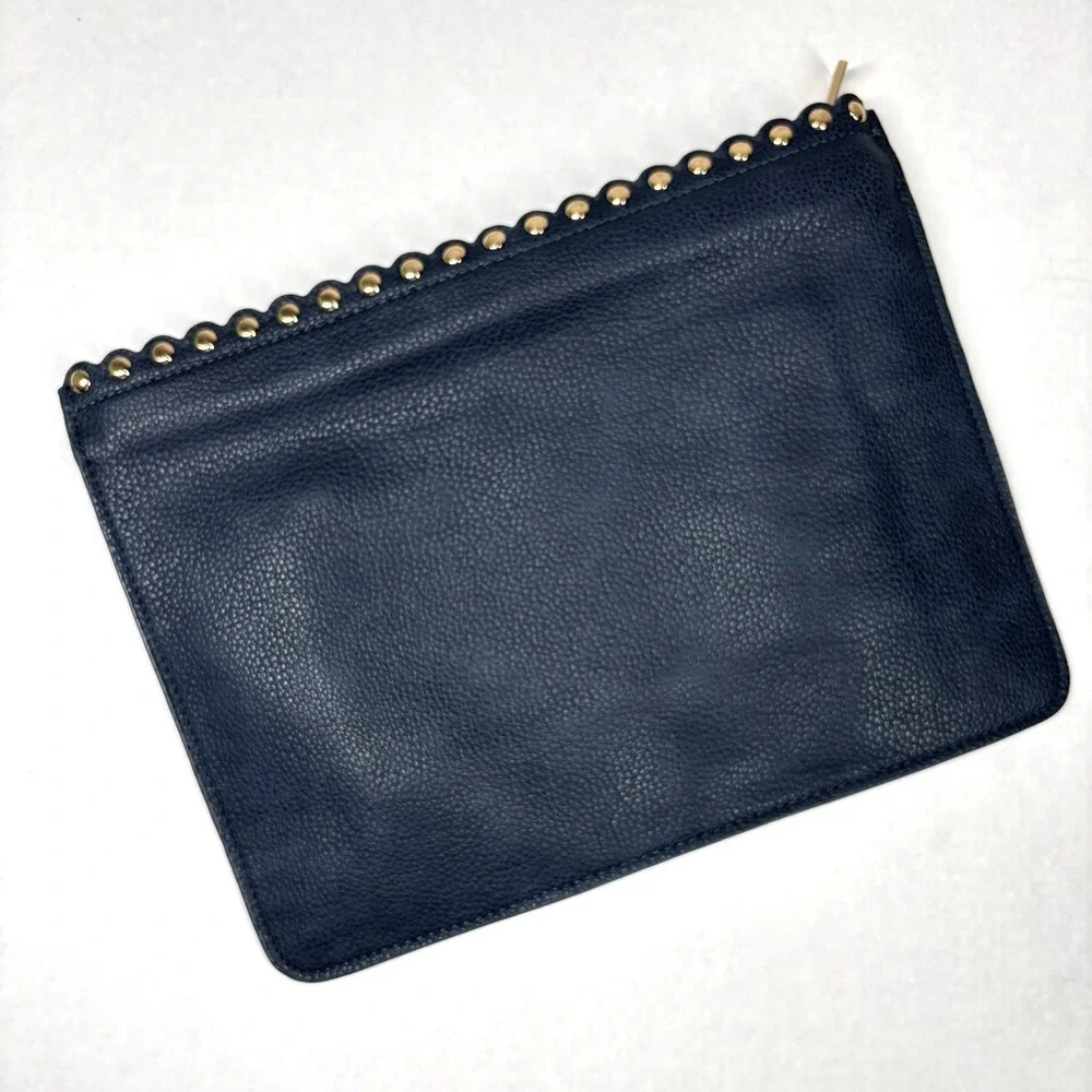 Neiman Marcus Peddled Faux Leather Studded Clutch Bag Purse Navy Blue Classy EUC